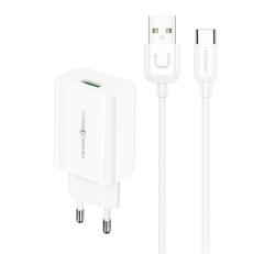 Usams T48 hálózati töltő USB aljzat (G125916) (18W, gyorstöltő 3.0 + Type-C kábel) FEHÉR