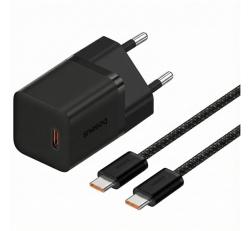 Baseus GaN5 MINI 1C hálózati töltő Type-C aljzat (30W, PD gyorstöltő, GaN5 + Type-C kábel) FEKETE