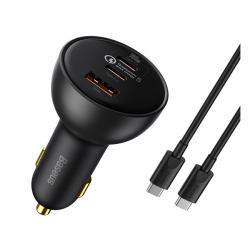Baseus QUALCOMM autós töltő USB+2 Type-C aljzat (100W, PD gyorstöltő 5.0 + Type-C kábel) FEKETETZCCZ