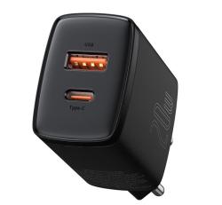 Baseus COMPACT hálózati töltő USB+Type-C aljzat (20W, PD gyorstöltő 3.0) FEKETECCXJ-B01