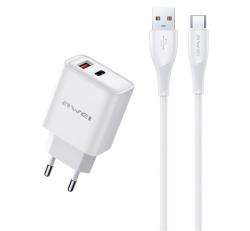 Awei PD81T-EU hálózati töltő USB+Type-C aljzat (22.5W, GaN, PD gyorstöltő + Type-C kábel) FEHÉR