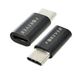 Forever adapter (microUSB aljzat - Type-C, adatátvitel és töltés) FEKETE