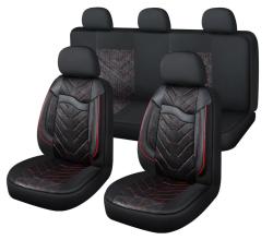 11 részes Műbőr+Szövet anyag univerzális üléshuzat szett - 2HELYEN osztható Légzsákos - fekete-piros