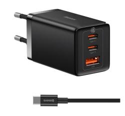 Baseus hálózati töltő USB+2 Type-C aljzat (65W, PD gyorstöltő + Type-C kábel) FEKETECCGP120201
