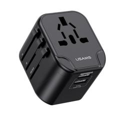 Usams T55 utazó töltő 2 USB aljzat (12W, EU, UK, US, AU) FEKETE