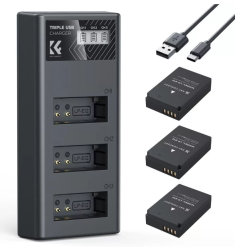 K&F Concept hordozható tripla USB-C akkumulátor LC-E12 töltő, LCD + 3db LP-E12 akkumulátor 1100mAh (