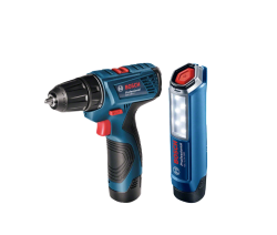 Bosch GSR 120-LI Akkus fúrócsavarozó + GLI 12V-300 Akkus munkalámpa + 2x GBA 12V 2.0 Ah Akkumulátor