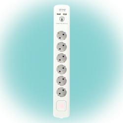 Home Túlfeszültség védett hálózati elosztó, USB töltőaljzatokkal (NVT 06K USB/WH)
