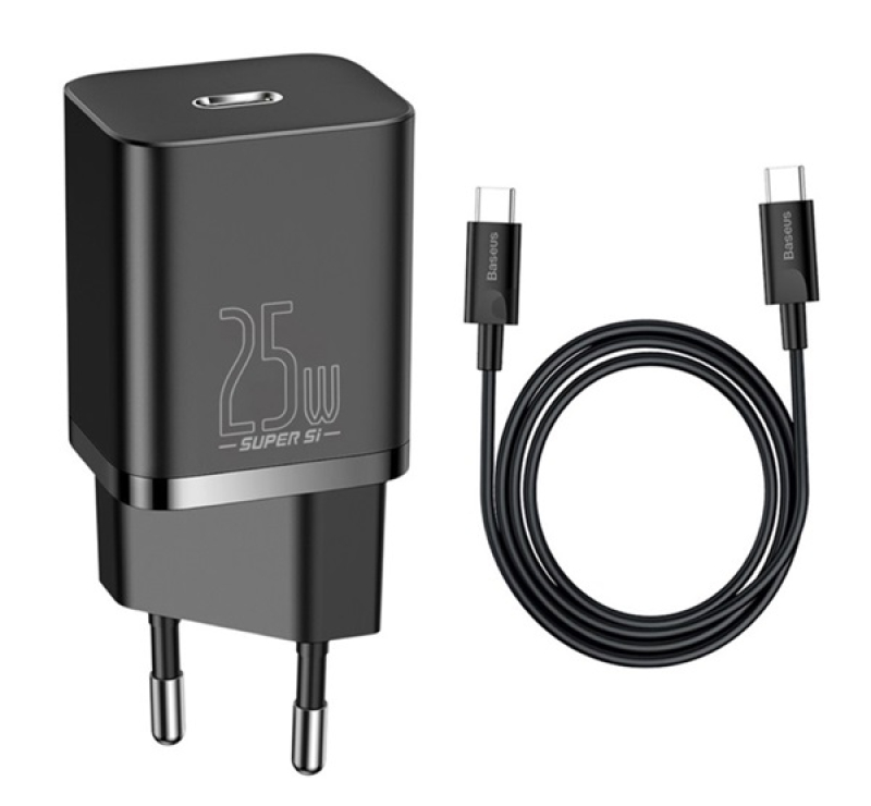 Baseus hálózati töltő Type-C aljzat (25W, PD gyorstöltő + Type-C kábel) FEKETECCCJG25CE_B