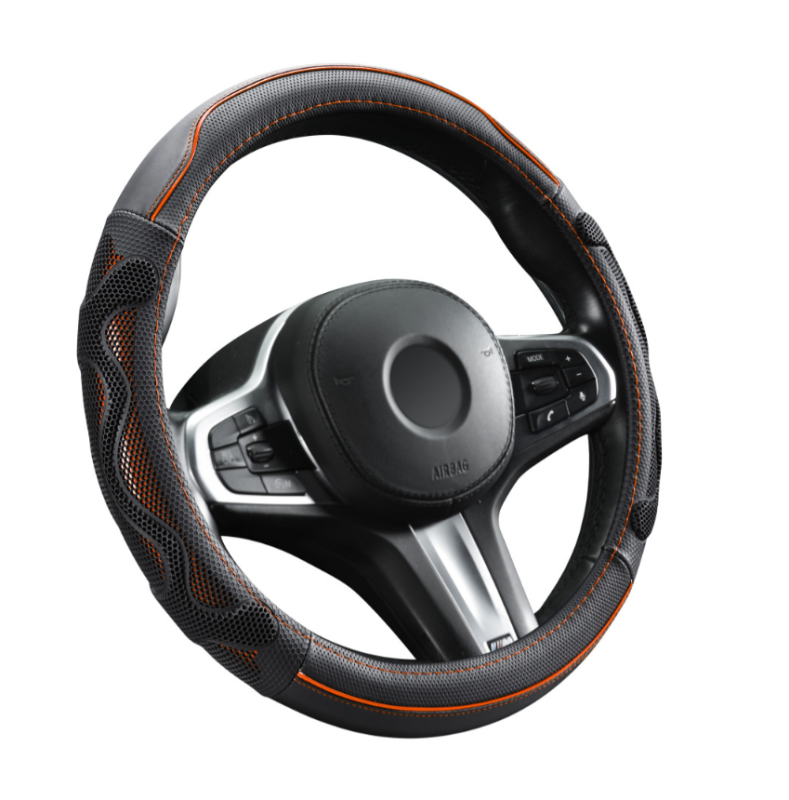 Valódi bőr kormányvédő DW-5002OR 38cm, fekete-narancs (924)