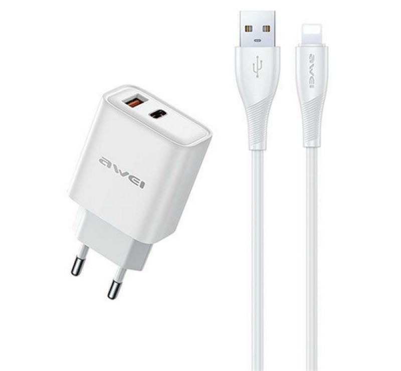 Awei PD81L-EU hálózati töltő USB+Type-C aljzat (22.5W, GaN, PD gyorstöltő + lightning kábel) FEHÉR