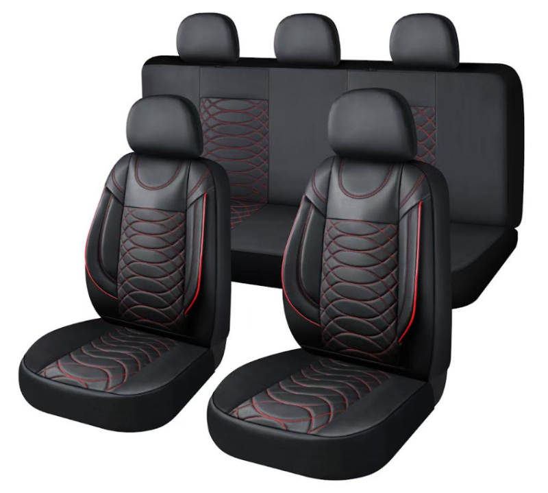 11 részes MŰBŐR univerzális üléshuzat szett - 2HELYEN osztható Légzsákos - fekete-piros