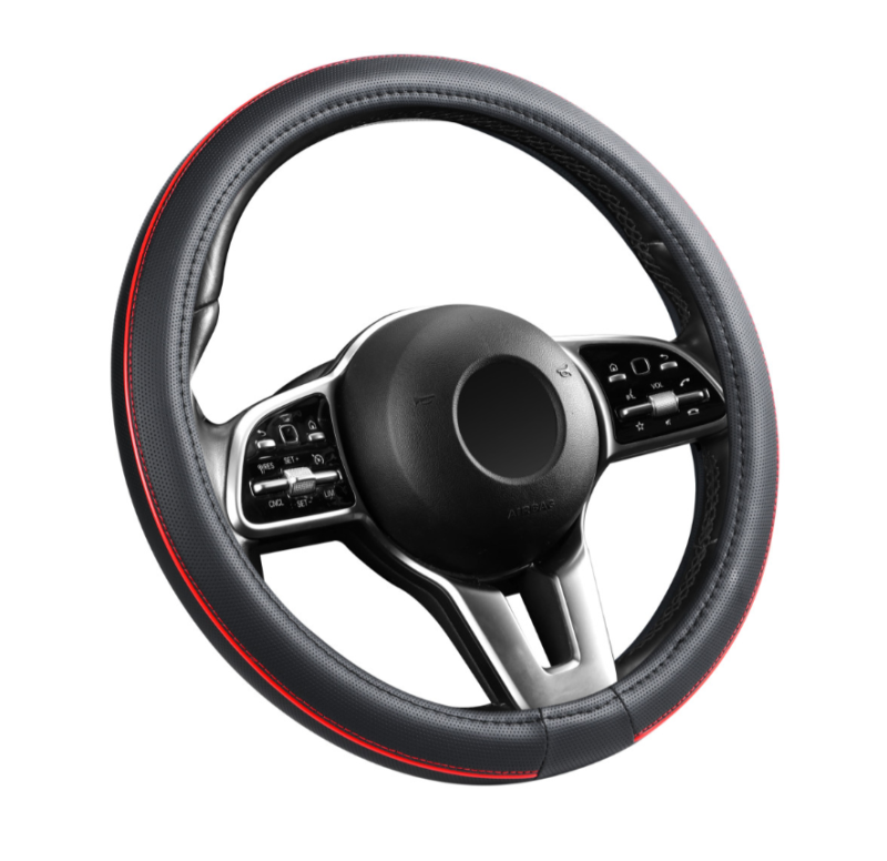 Műbőr kormányvédő 38 cm, piros betétes (788)