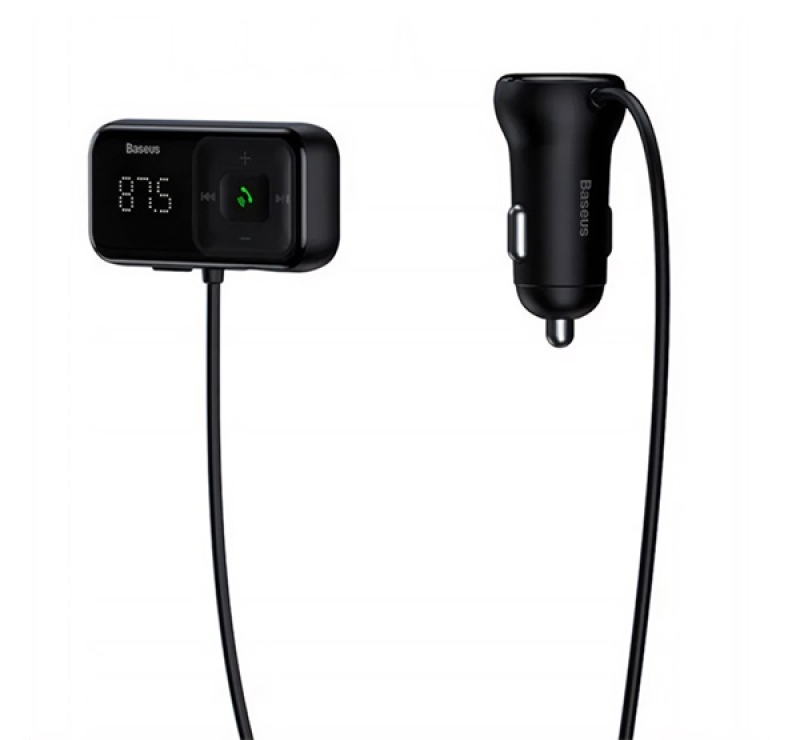 BASEUS bluetooth FM transmitter autós töltő 2 USB aljzat (16W, gyostöltő, microSD olvasó, AUX, spirá