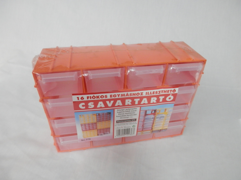 Csavartartó doboz 16 fiókos, műanyag 22x7x15 cm narancs (278)