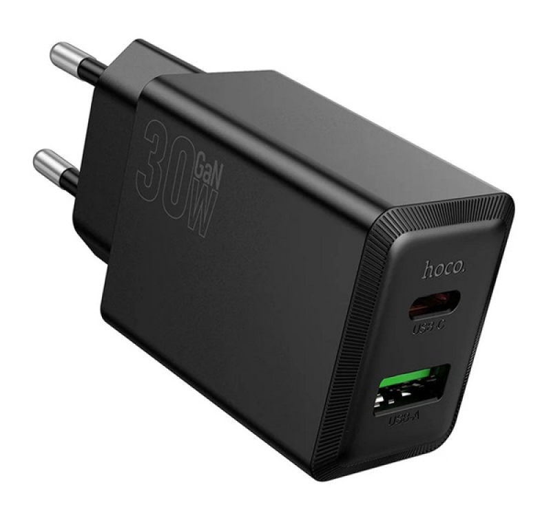 HOCO N71 hálózati töltő USB+Type-C aljzat (30W, PD gyorstöltő 3.0) FEKETE