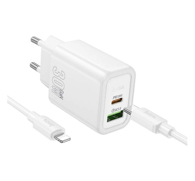 HOCO N63 hálózati töltő USB+Type-C aljzat (30W) fehér