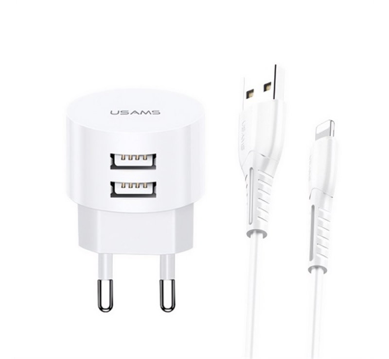 Usams T20 hálózati töltő 2 USB aljzat (10W, gyorstöltő + lightning kábel) FEHÉR