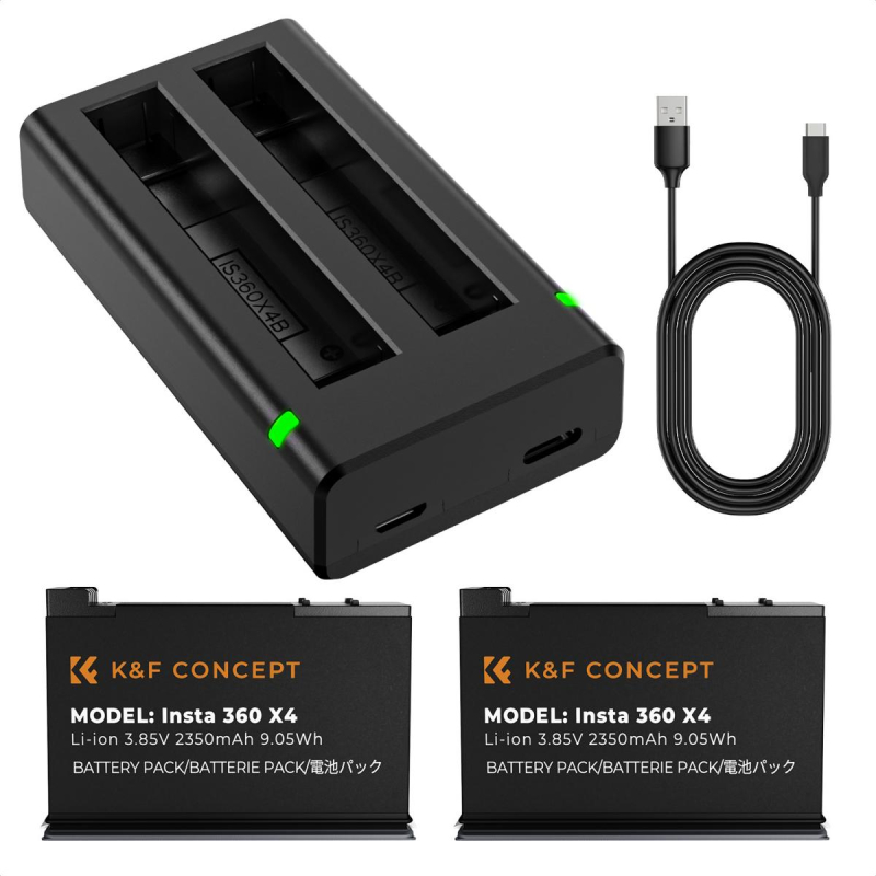 K&F Concept hordozható dupla USB-C akkumulátor töltő + 2db Insta 360 X4 akkumulátor 2350mAh (KF-28-0