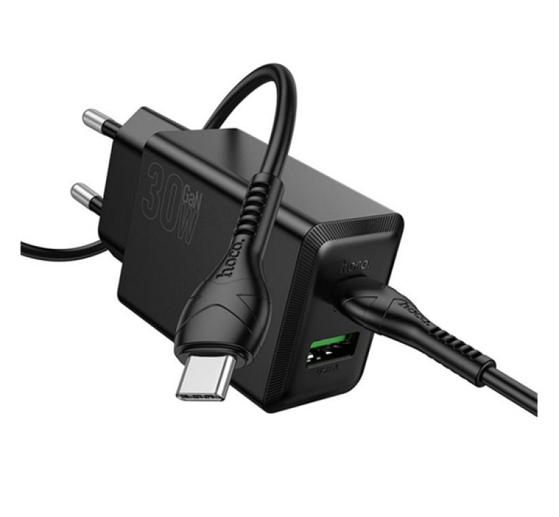 HOCO N71 hálózati töltő USB+Type-C aljzat (30W, PD gyorstöltő 3.0 + Type-C kábel) FEKETE