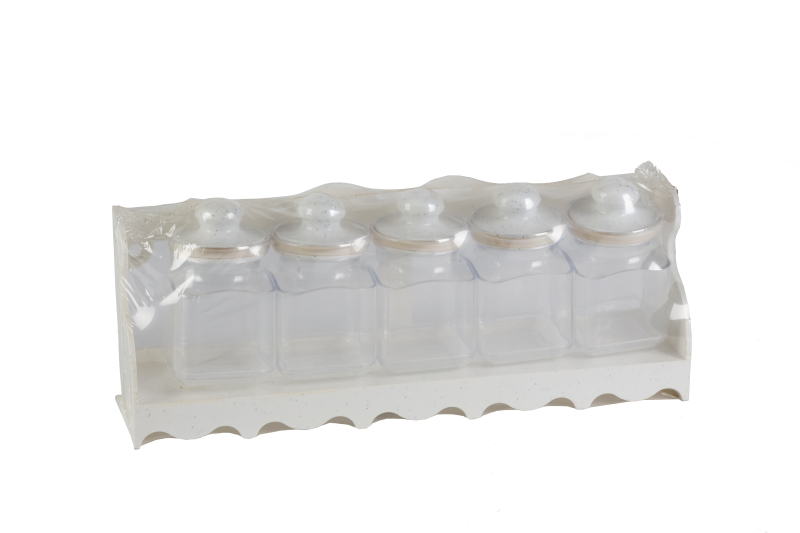 Szögletes műanyag fűszertartó  5 db/2 dl,  polccal (475/P5)