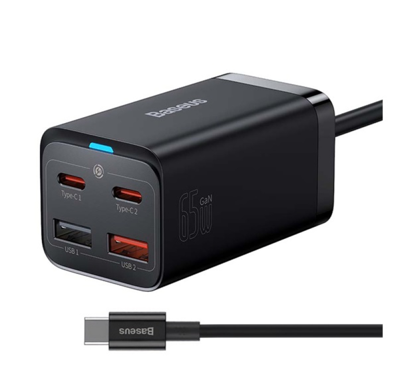 Baseus hálózati töltő 2 USB+2 Type-C aljzat (65W, GaN3, PD gyorstöltő 4.0 + Type-C - Type-C kábel) F