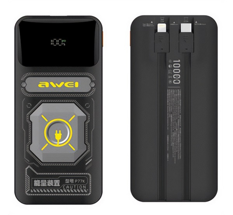 Awei P77K vésztöltő USB+Type-C aljzat (10000mAh, 22.5W, PD gyorstöltő + fix Type-C+lightning kábel)