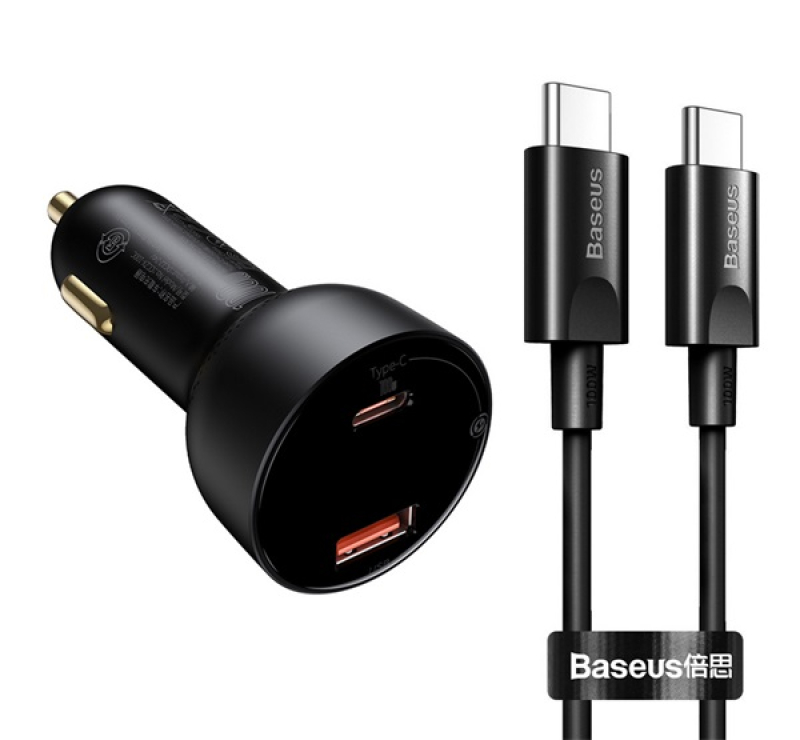 Baseus SUPERME autós töltő USB+Type-C aljzat (100W, PD gyorstöltő 3.0, LED kijelző + Type-C kábel) F