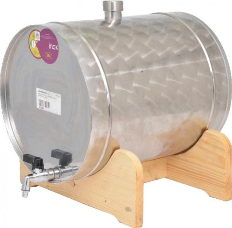 Inox 45 l-es Panka pálinkatartály, fekvő fa állványon (14859)