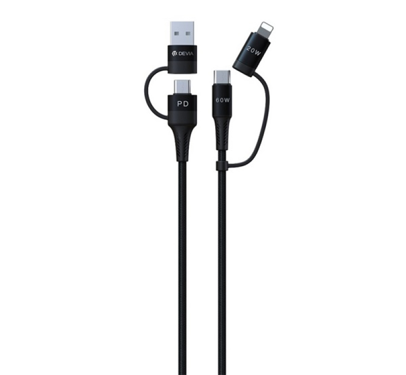 Devia EXTREME adatkábel 4in1 (Type-C/USB - lightning/Type-C, 60W, PD gyorstöltő, cipőfűző, 150cm) FE