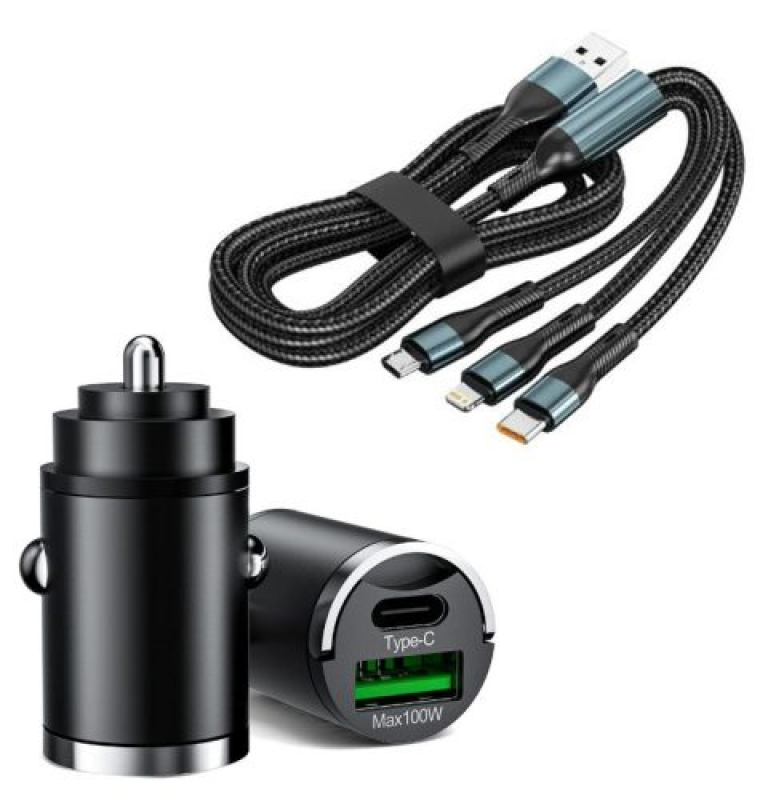 Autós gyorstöltő + 3in1 gyorstöltő kábel - 2 portos MAX 100W-os autós gyorstöltő adapter (13351)