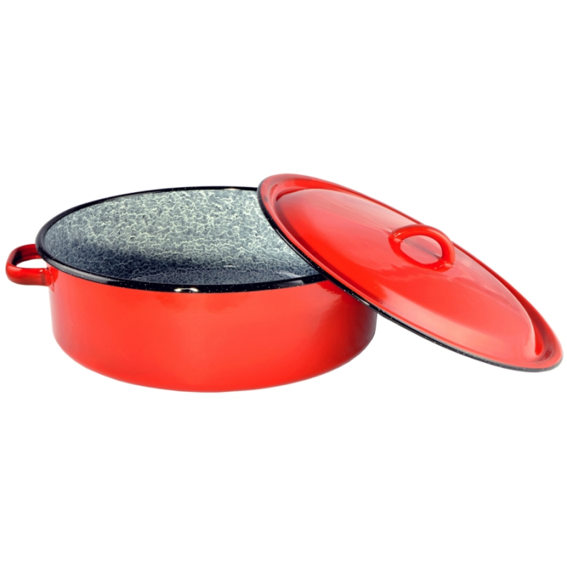 Zománcozott lábas fedővel piros-cirmos 38 cm (53073)