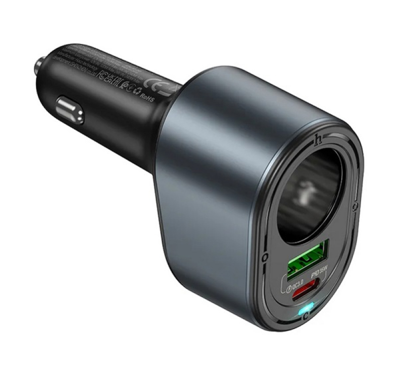 HOCO Z56 szivargyújtó adapter (elosztó, szivargyújtó+1 USB+Type-C aljzat, 35W, PD gyorstöltés) FEKET
