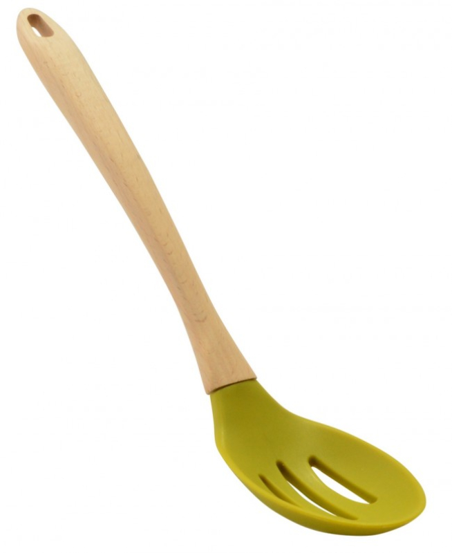 Szilikon tálalókanál, fa nyéllel, szűrős (12709)