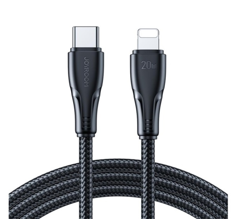 JOYROOM SURPASS adatkábel (Type-C - lightning, 20W, gyorstöltő, törésgátló, 120cm) FEKETE