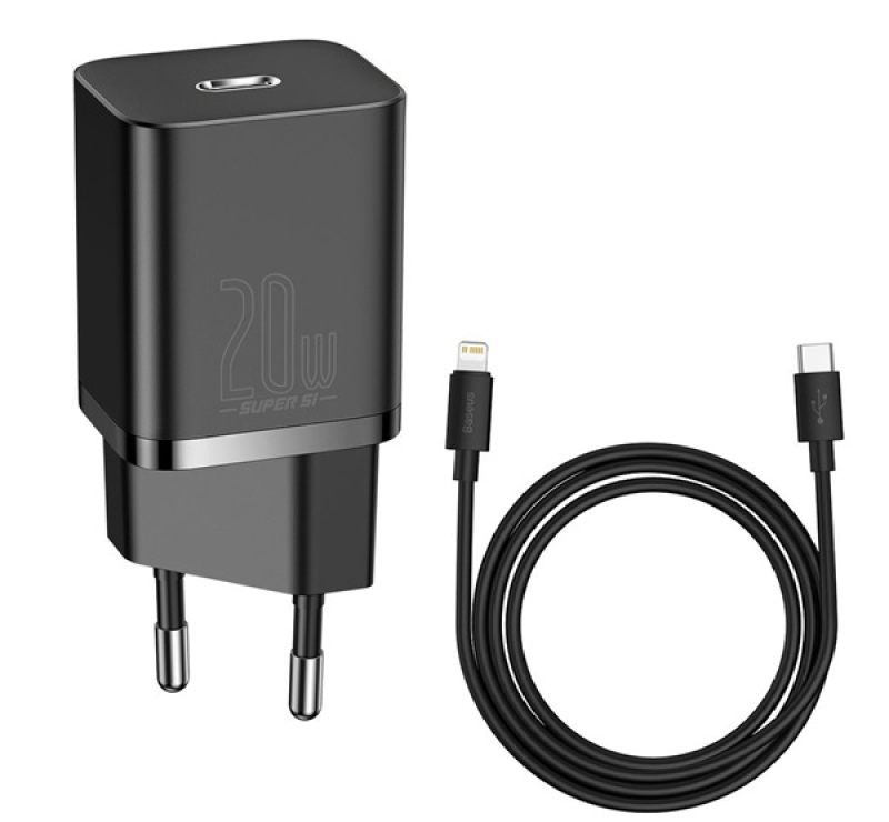 Baseus SUPER SI hálózati töltő Type-C aljzat (20W, PD gyorstöltő + Type-C - lightning kábel) FEKETET