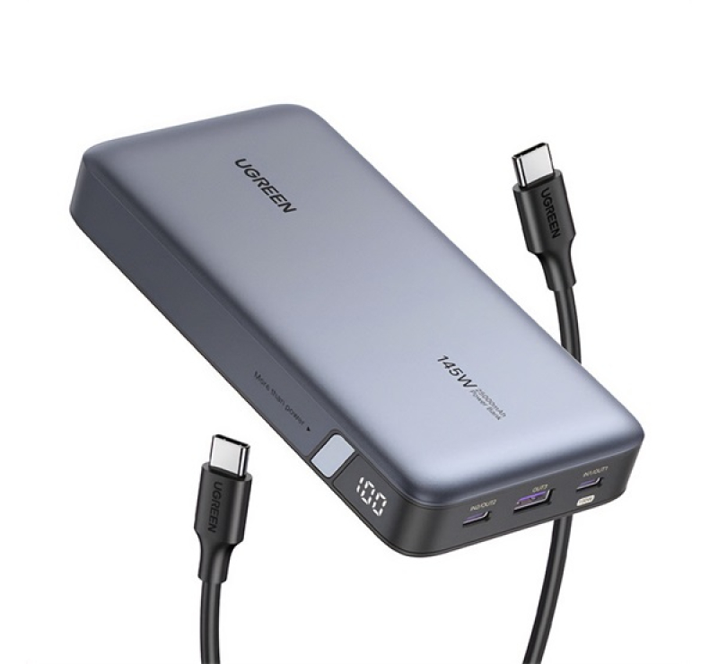 Ugreen PB205 vésztöltő USB+2 Type-C aljzat (25000mAh, 145W, PD gyorstöltő, LED kijelző) SÖTÉTSZÜRKE