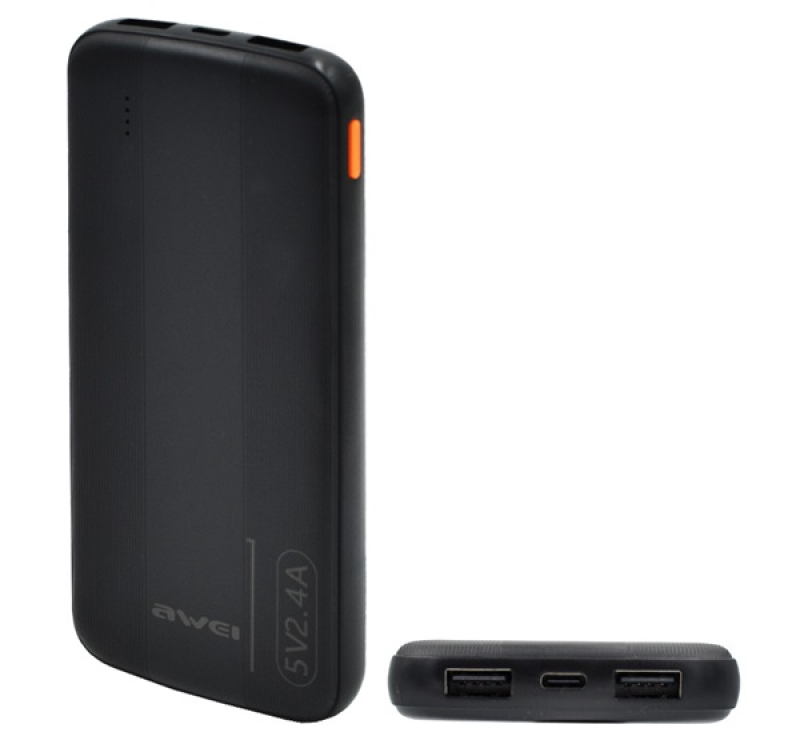 Awei P20K vésztöltő 2 USB+Type-C aljzat (10000mAh, 2.4A, PD gyorstöltő) FEKETE