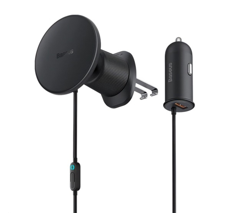 Baseus CW01 autós tartó (szellőzőre, 15W, wireless, MagSafe + autós töltő USB aljzat) FEKETEC4014100