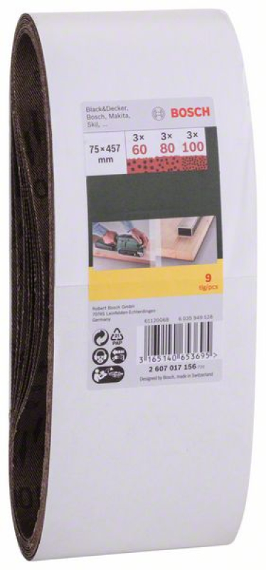 Bosch 9 részes csiszolószalag-készlet, 75 x 457 mm (2607017156)