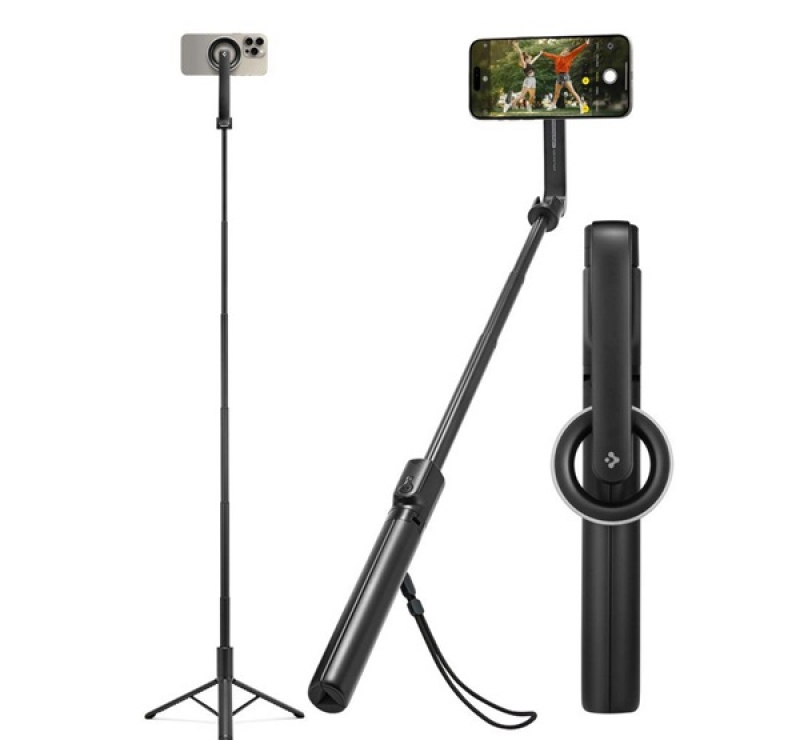 SPIGEN S580W szelfibot (tripod állvány, állítható, bluetooth távkioldó, MagSafe, 25-120cm) FEKETEAMP