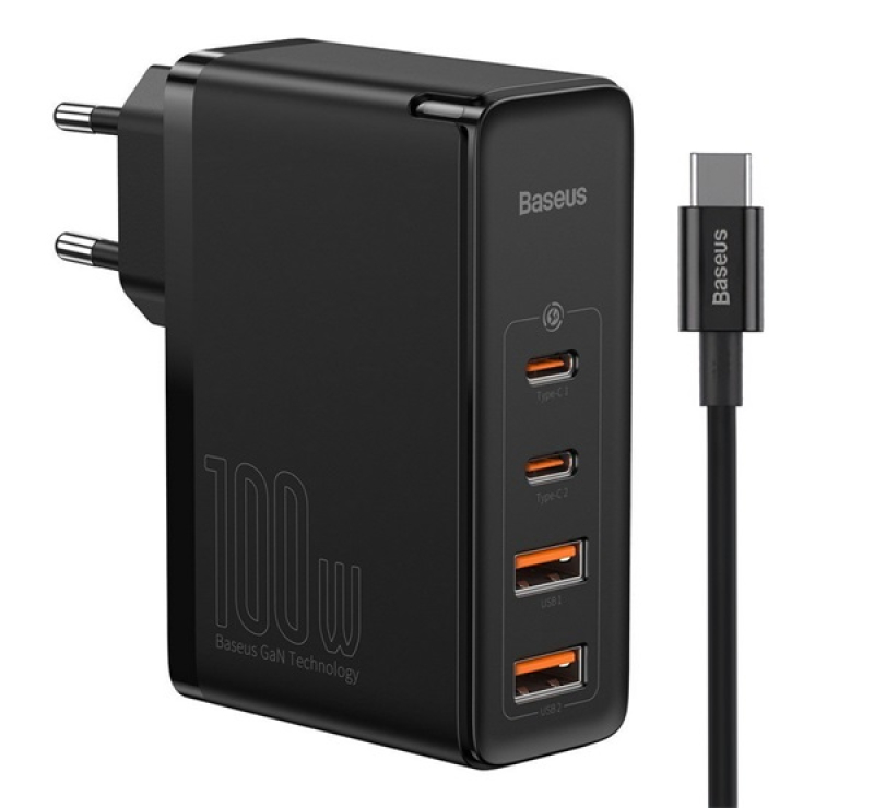 Baseus hálózati töltő 2 USB+2 Type-C aljzat (100W, GaN2, PD gyorstöltő 4.0 + Type-C kábel) FEKETECCG