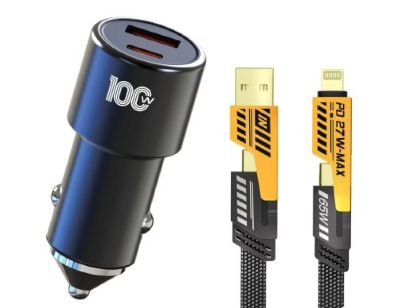 Autós gyorstöltő USB/USB-C + 65W-os 4 az 1-ben töltő különböző töltőfejekkel (13368)