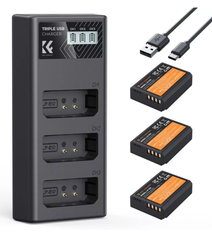 K&F Concept hordozható tripla USB-C akkumulátor LC-E10 töltő, LCD + 3db LP-E10 akkumulátor 1200mAh (