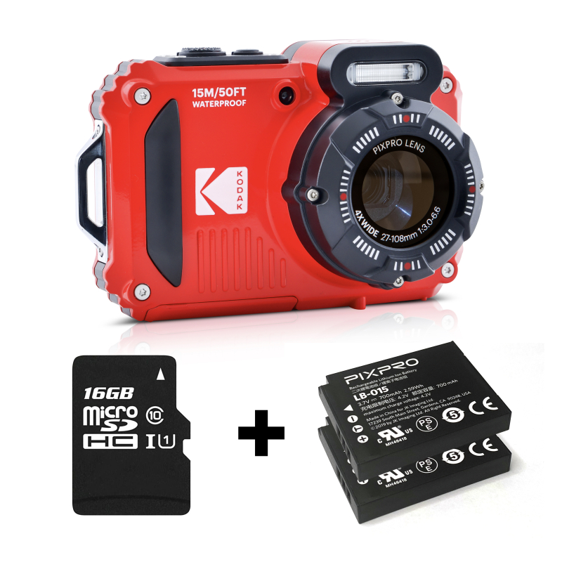 Kodak Pixpro WPZ2 vízálló, porálló, ütésálló digitális fényképezőgép, piros, 2db akku, 16gb micro sd