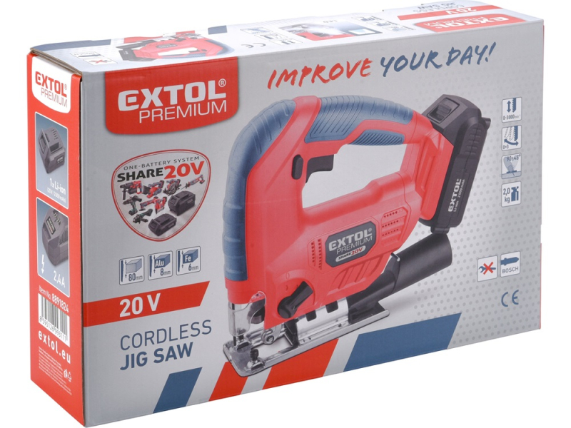 Extol akkus dekopírfűrészgép, 20V Li-ion, akku+töltő (8891824)