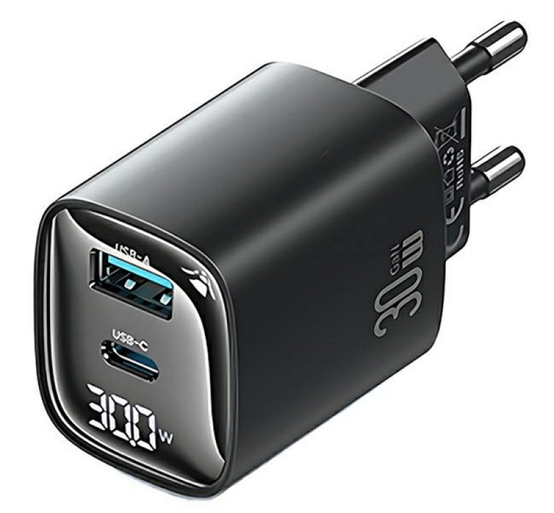 Usams CC229 hálózati töltő USB+Type-C aljzat (30W, GaN, PD gyorstöltő, LED kijelző) FEKETE