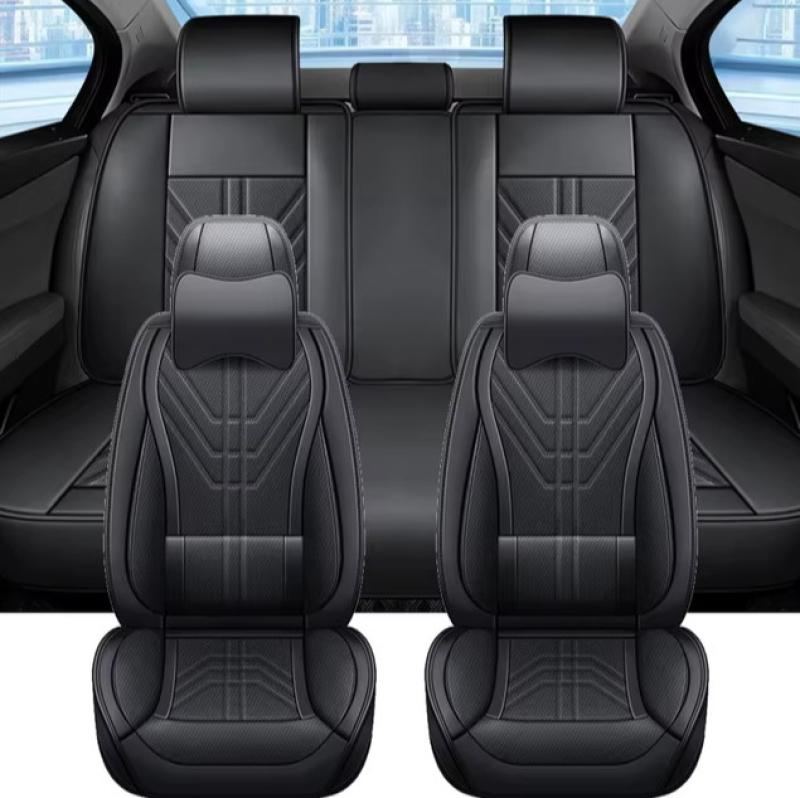 13 részes Prémium Magas minőségű Műbőr üléshuzat szett nyakpárnákkal - Légzsákos - Osztható - Fekete