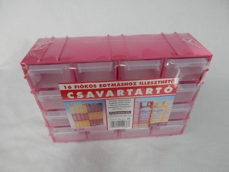 Csavartartó doboz 16 fiókos, műanyag 22x7x15 cm pink (278)