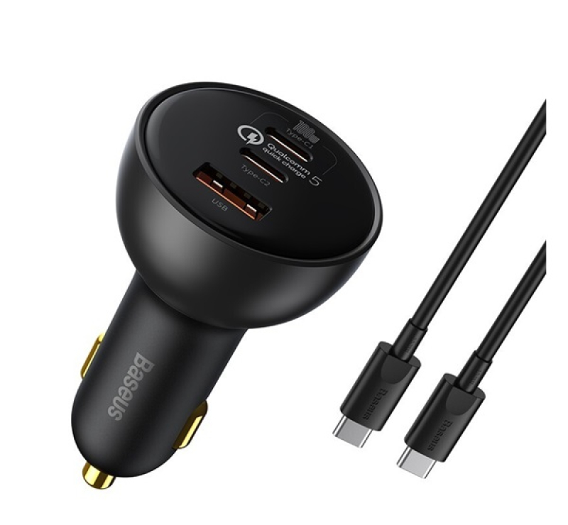 Baseus QUALCOMM autós töltő USB+2 Type-C aljzat (100W, PD gyorstöltő 5.0 + Type-C kábel) FEKETETZCCZ
